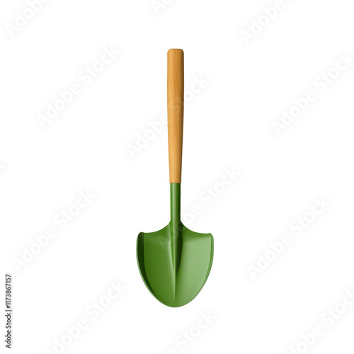 Green shovel with a wooden handle, designed for versatile gardening tasks. Perfect for both professional landscapers and home gardeners. Isolated on transparent background, png. photo