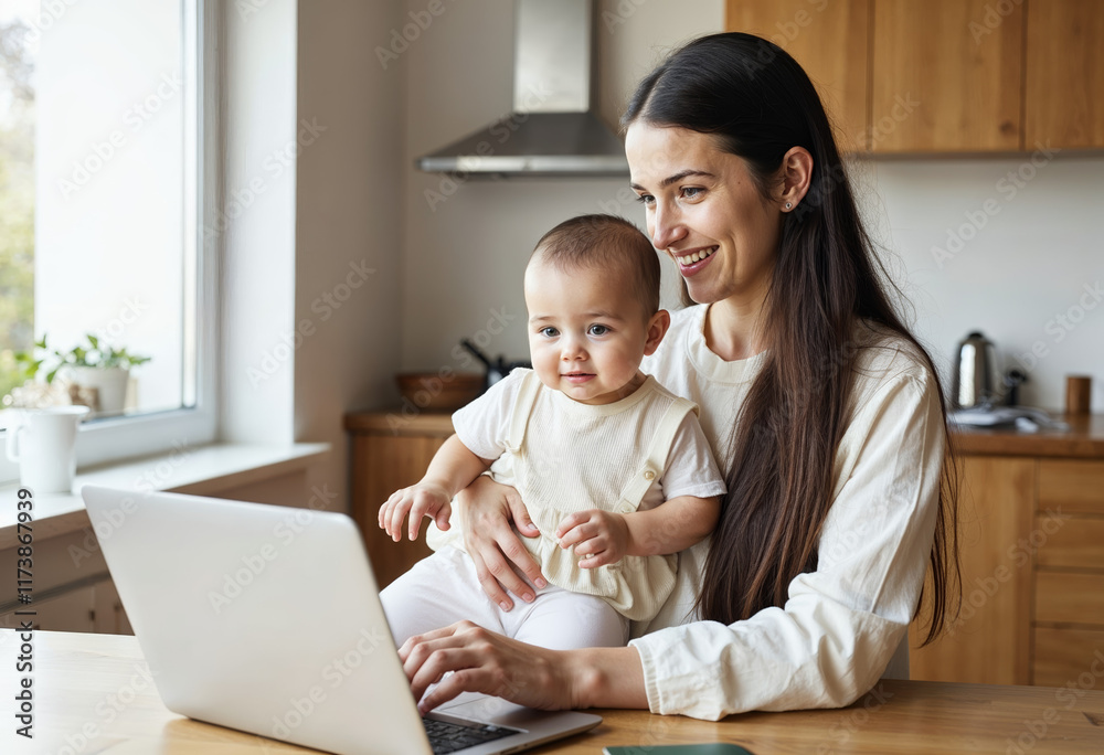 Young mother works from home with a small child Young mother works from home with a small child