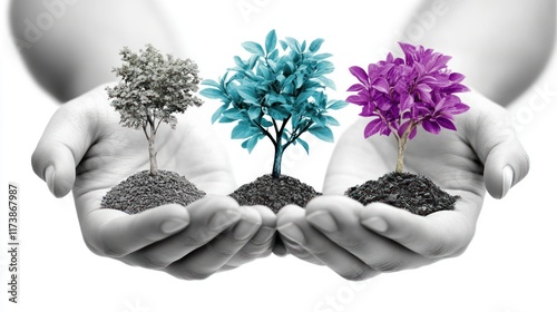 Hands holding three colorful trees with soil, symbolizing growth and environmental care.