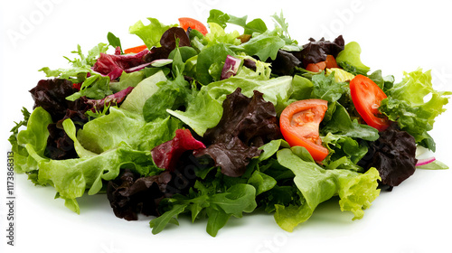 A vibrant mix of fresh salad greens and ripe tomatoes is artfully piled together, showcasing a healthy option for meal planning or side dishes