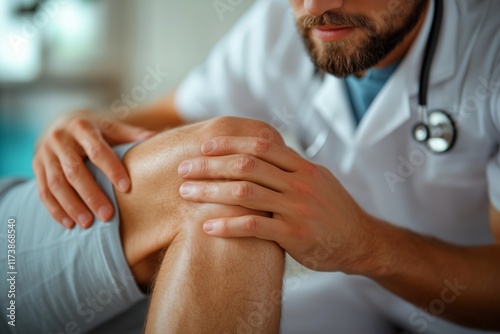 Doctor examining patient's injured knee during medical exam