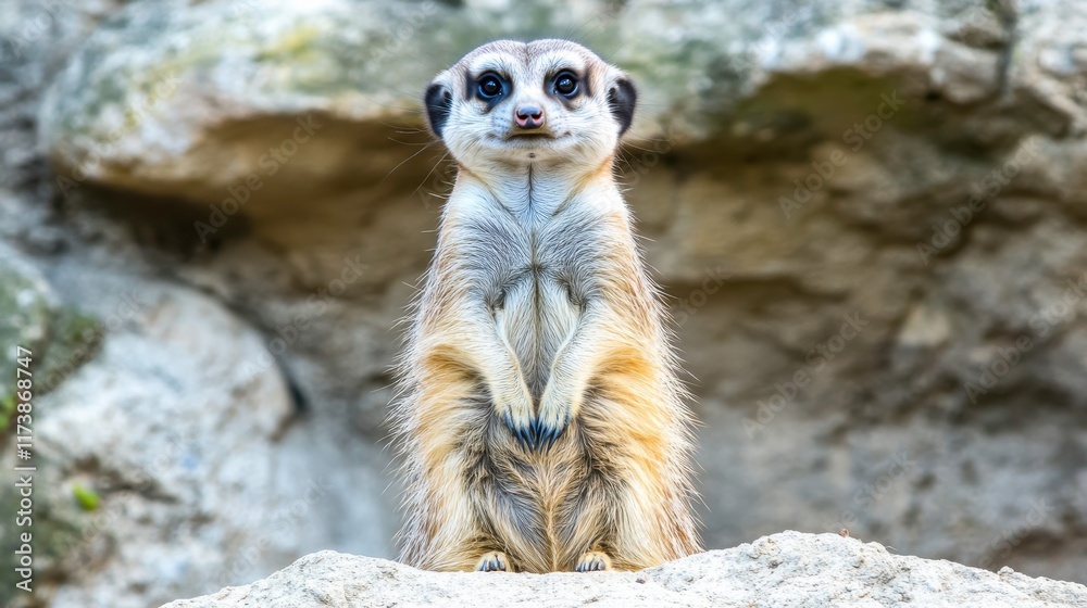 Fototapeta premium Meerkat Standing on Rock Formation in Natural Setting