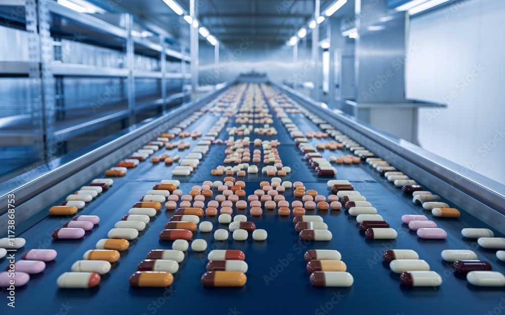 Fototapeta premium Capsules moving on conveyor belt in pharmaceutical factory.