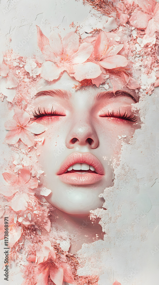 Fototapeta premium A modern art composition featuring a serene young woman with pale skin and closed eyes adorned with delicate pink flowers, evoking tranquility and beauty
