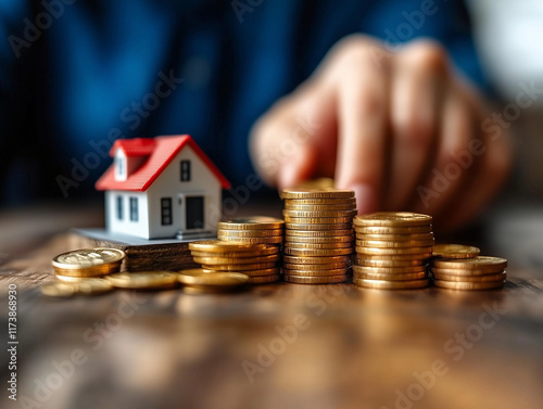 Model House and Stacked Gold Coins on Wooden Surface - Real Estate Investment Concept or Property Tax