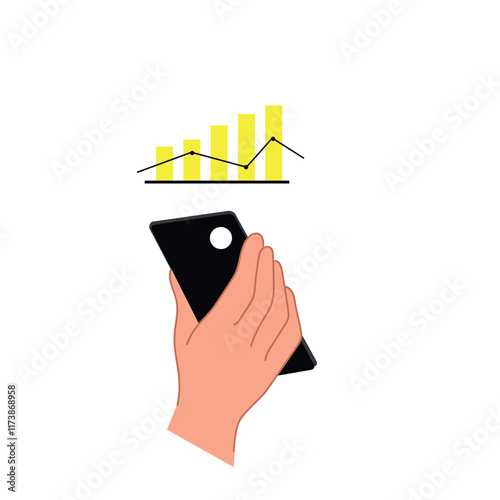 Smartphone in hand with rising graph icon above. Mobile analytics and business growth monitoring. Concept of financial progress and success planning.
