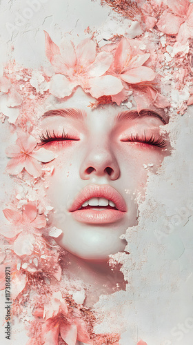 A modern art composition featuring a serene young woman with pale skin and closed eyes adorned with delicate pink flowers, evoking tranquility and beauty