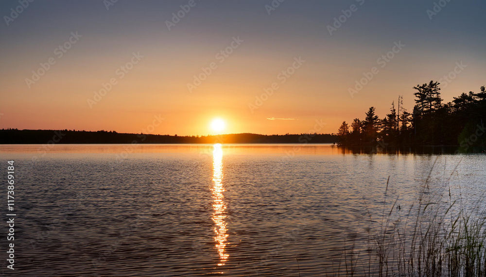 Obraz premium wilderness lake sunrise sunlight glows over the horizon of a wilderness lake in northern michigan horizontal orientation with copy space in the foreground