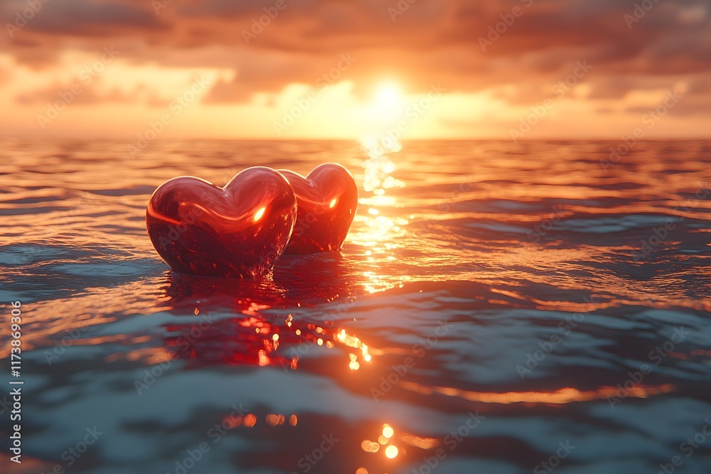 Fototapeta premium Romantic Sunset with Two Hearts Floating on Ocean Waves