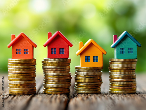 Stacked Coins with Colorful Miniature Houses on Wooden Surface - Depicting Real Estate Growth and Investment Opportunities