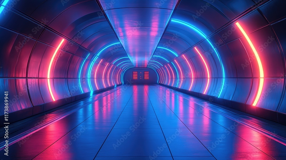 Neon Tunnel: Futuristic Cyberpunk Corridor with Pink and Blue Lights Neon Tunnel: Futuristic Cyberpunk Corridor with Pink and Blue Lights
