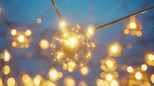 A glowing geometric sphere connected by golden rods suggests network connectivity or data flow. Ideal for technology or innovation visuals.