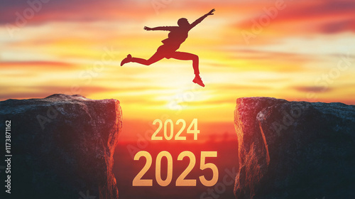 Silhouette of a Person Jumping Across a Canyon from 2024 to 2025 at Sunset, Symbolizing Progress, New Beginnings, and Overcoming Challenges photo