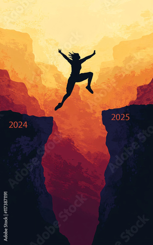 Silhouette of a Person Jumping Across a Canyon from 2024 to 2025 at Sunset, Symbolizing Progress, New Beginnings, and Overcoming Challenges photo