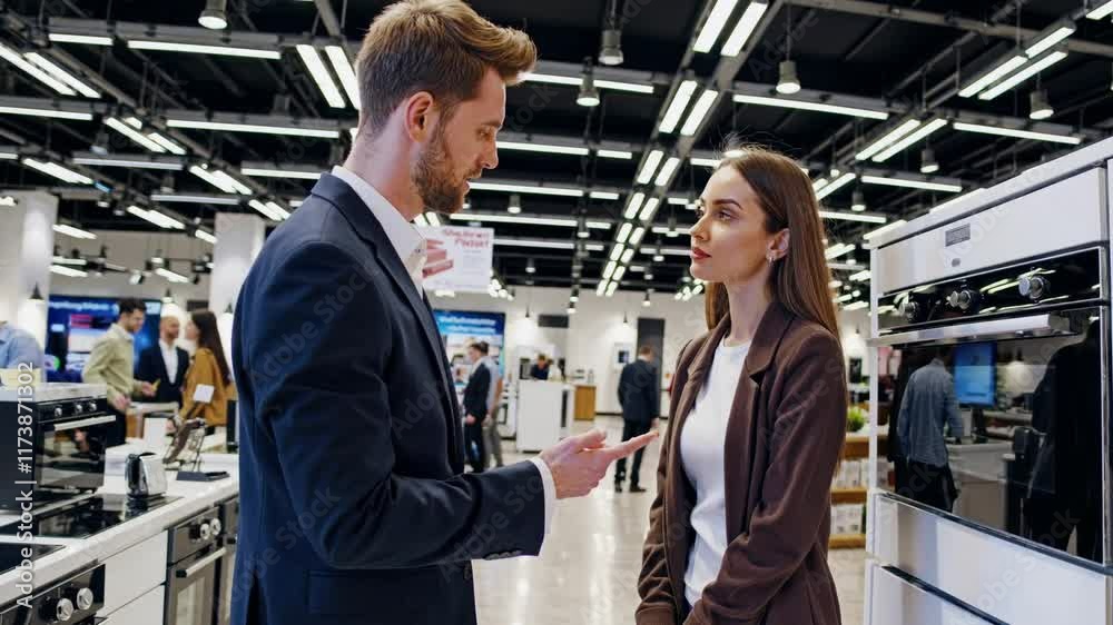 Sales representative explains kitchen appliances to potential customer in modern showroom Sales representative explains kitchen appliances to potential customer in modern showroom