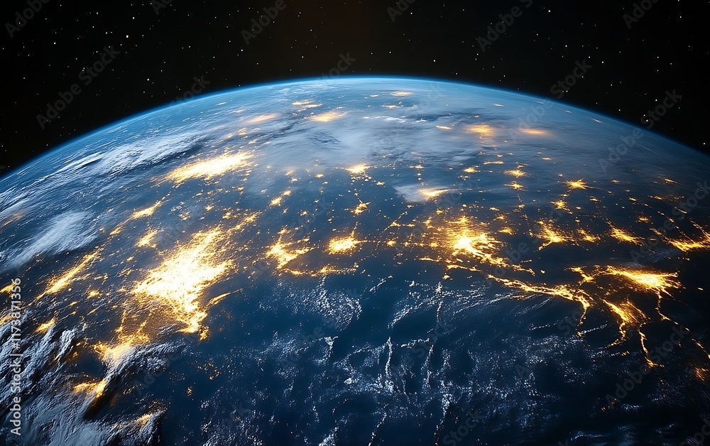 Fototapeta premium Earth at night, city lights illuminating the planet from space.