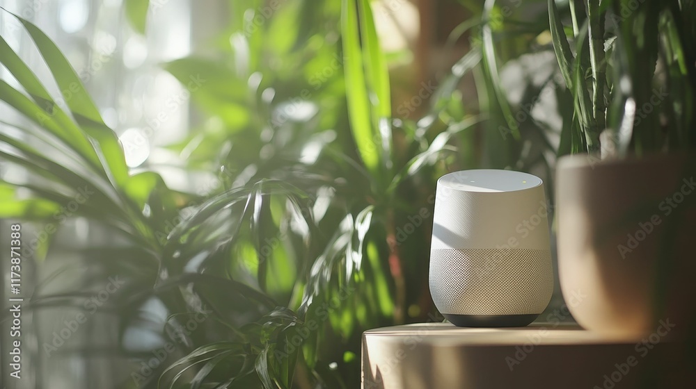 White smart speaker sits among leafy plants. White smart speaker sits among leafy plants.