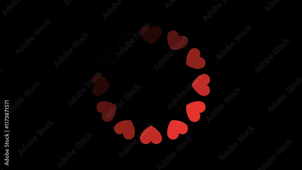 Loading Circle with Red Hearts. Loading Circle animation with flashing red hearts. Valentine's Day, Women's Day, Mother's Day. Transparent background with alpha channel. Animation 4K