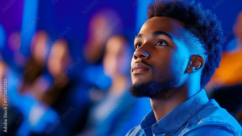 A young man sits attentively, absorbed in a thought-provoking talk amidst a lively audience A young man sits attentively, absorbed in a thought-provoking talk amidst a lively audience