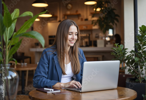 Young girl freelancer in blue coat working on laptop in cafe