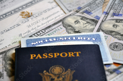 Social Security Card and US Citizen Passport. Documents, money.