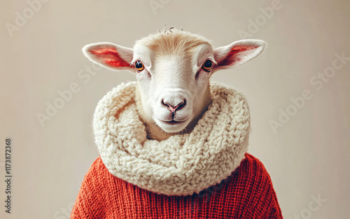 Humorous Portrait of a Sheep Dressed in a Red Sweater and Cozy Scarf, Featuring a Playful and Creative Design with a Whimsical Touch photo
