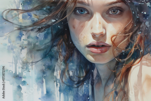 young woman with expressive blue eyes and full lips. Her face and part of her shoulder are visible in the foreground, creating an effect of closeness and intimacy.  