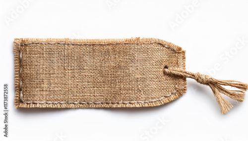 burlap fabric patch label sackcloth ribbon of linen jute sack cloth tag white isolated