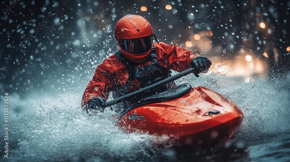 Fototapeta premium A kayaker in an orange suit navigating turbulent waters amidst splashing waves.
