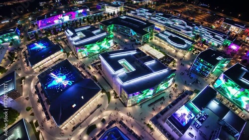 Colorful light displays illuminate modern architecture in a vibrant urban setting