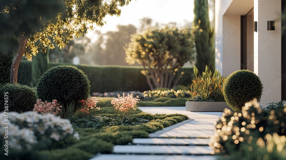 Obraz premium Sunlit modern garden path with lush greenery and shrubs.