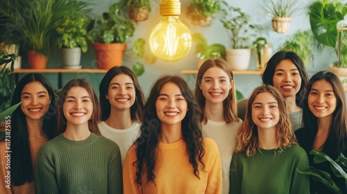 A group of smiling women standing together in a plant-filled environment with a glowing light.