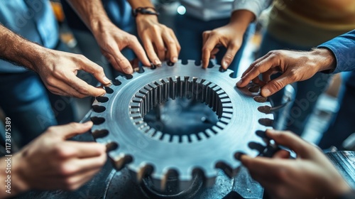 Multiple hands working together on a large gear, symbolizing collaboration and engineering.