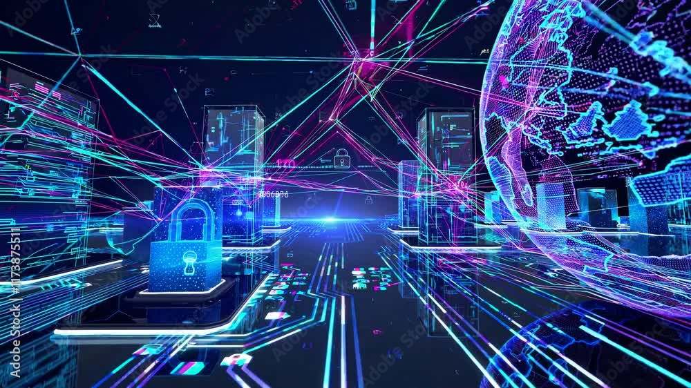 Exploring the digital landscape of cybersecurity with vibrant visuals and interconnected networks Exploring the digital landscape of cybersecurity with vibrant visuals and interconnected networks