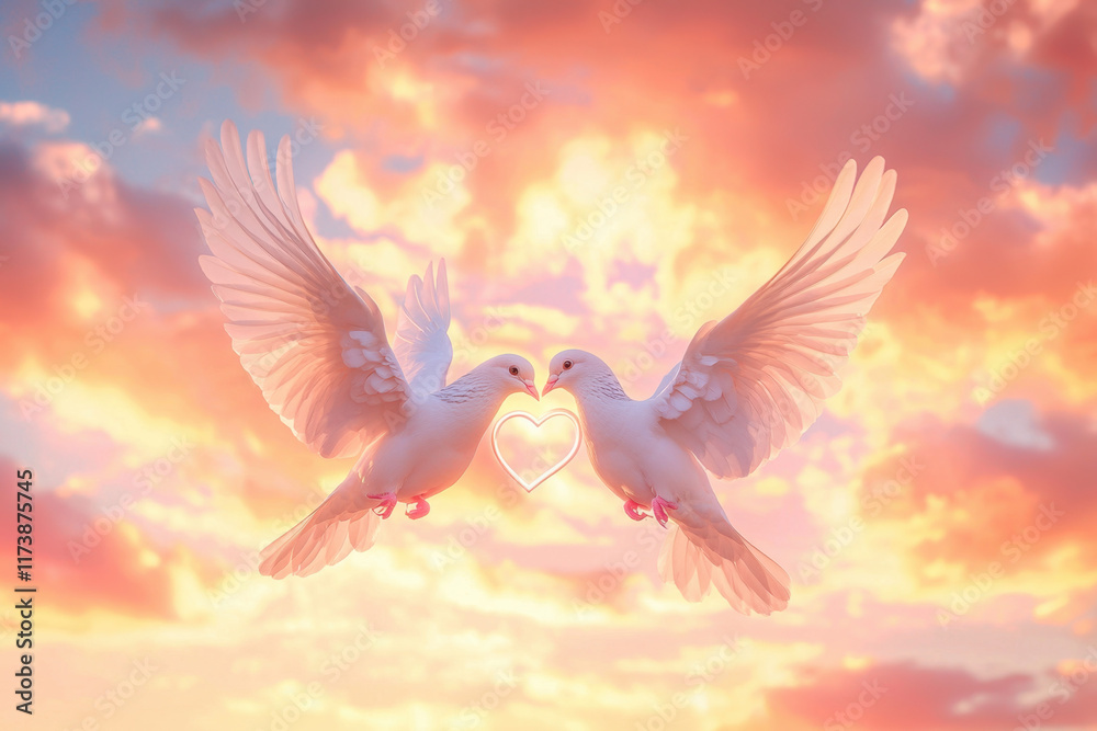 Fototapeta premium Two doves in flight under a golden sunset, evoking warmth and harmony