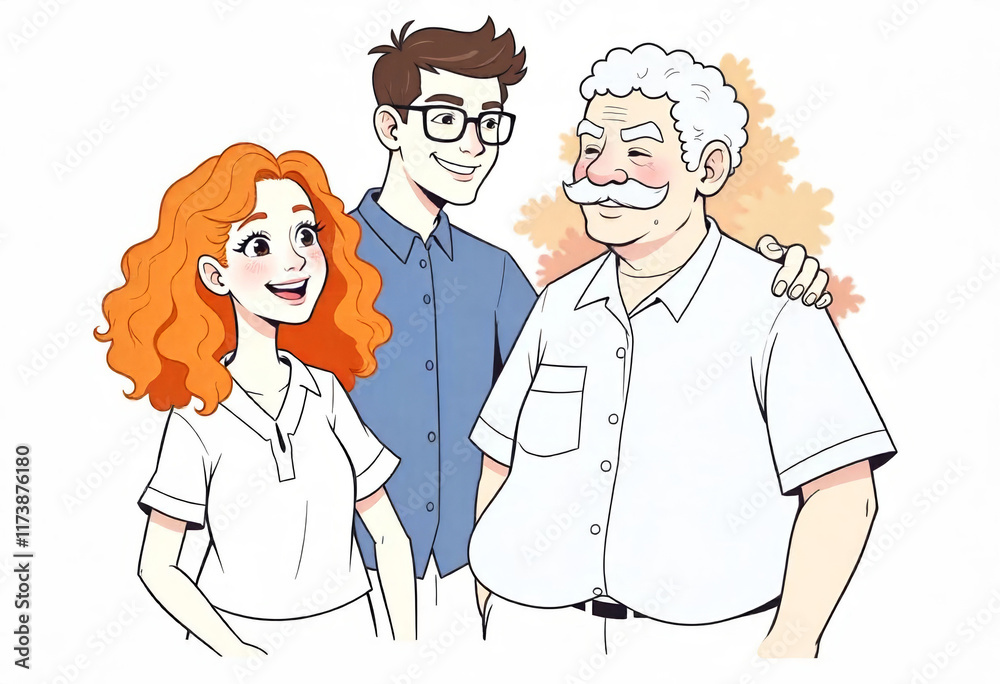 Illustration of grown up children with elderly father having fun and spending time together Illustration of grown up children with elderly father having fun and spending time together