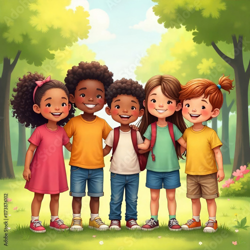 A group of multinational children stand together and smile