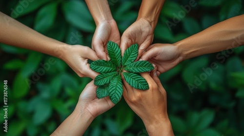 Hands gather around a green leaf, symbolizing unity and environmental care.