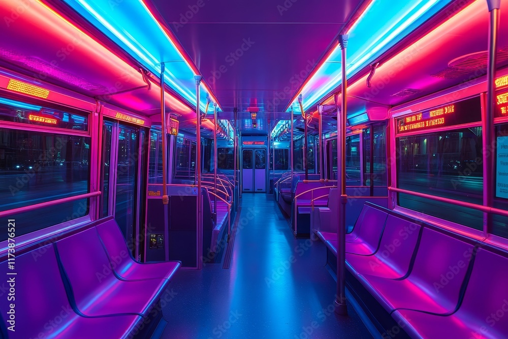 Fototapeta premium Empty transit vehicle, neon-lit interior, purple seats.