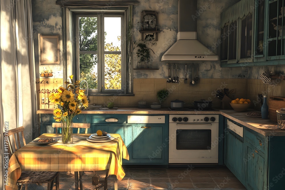 A cozy kitchen with sunlight, flowers, and a rustic table setting. A cozy kitchen with sunlight, flowers, and a rustic table setting.