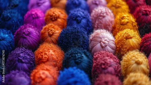 A vibrant display of colorful pom-poms arranged in a pattern.