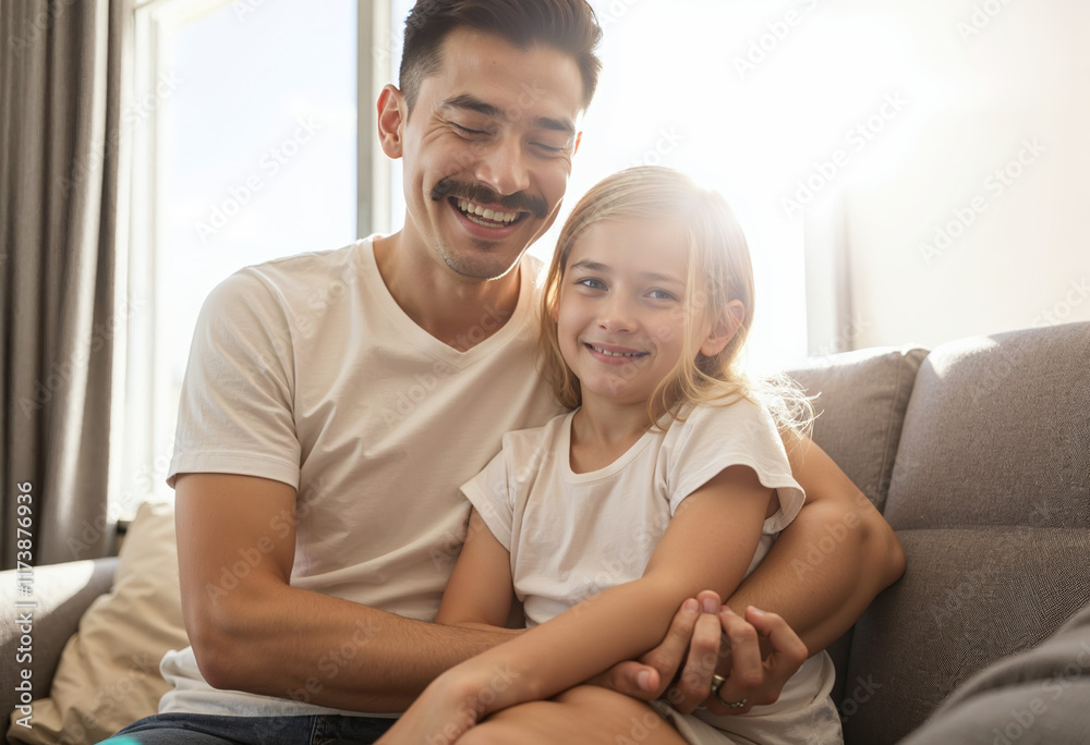 Portrait of father and daughter hugging on sofa at home in the sun Portrait of father and daughter hugging on sofa at home in the sun