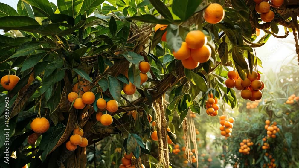 An orange grove bathed in golden sunlight with ripe oranges ready for harvest in a lush, tropical landscape during the late afternoon hours An orange grove bathed in golden sunlight with ripe oranges ready for harvest in a lush, tropical landscape during the late afternoon hours