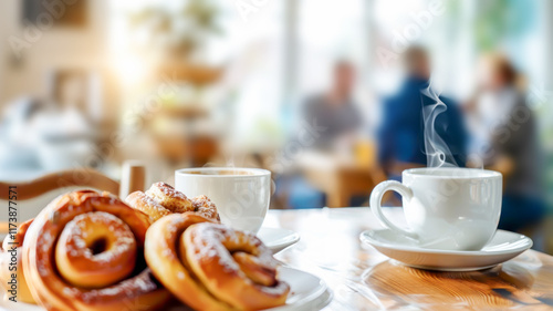 Wallpaper Mural Steaming coffee cups and cinnamon rolls on wooden table in cozy workspace with blurred chatter in the background. Captures essence of fika, Swedish coffee culture, and shared moments Torontodigital.ca