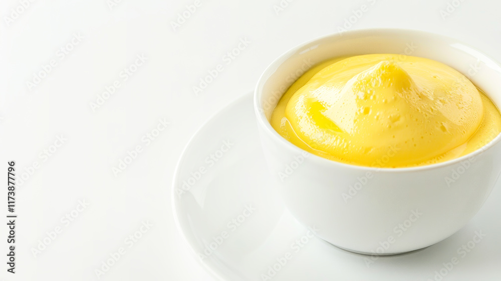 Velvety Vietnamese egg coffee with its signature golden foam sits in white cup on white background with copy space. Highlights indulgent flavors, unique traditions, and artisanal coffee experiences Velvety Vietnamese egg coffee with its signature golden foam sits in white cup on white background with copy space. Highlights indulgent flavors, unique traditions, and artisanal coffee experiences