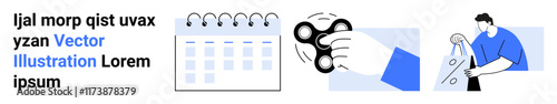 Hand holding a fidget spinner, person writing on a large checklist with a clipboard, calendar illustration, lorem ipsum placeholder text. Ideal for productivity tips, stress management, time