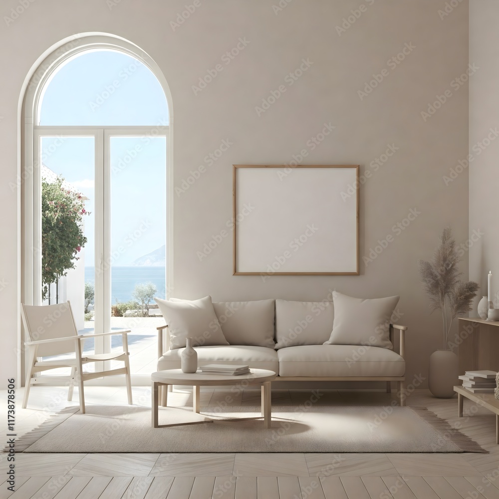 Fototapeta premium minimalist living room bathed in natural light from a large window. Frame mockup, Living room wall poster mockup. Interior mockup with house background. Modern interior design. 