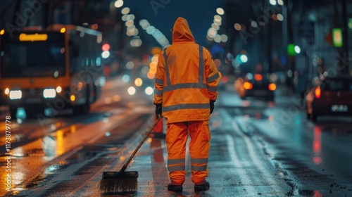 Street cleaner working at night on wet road. photo