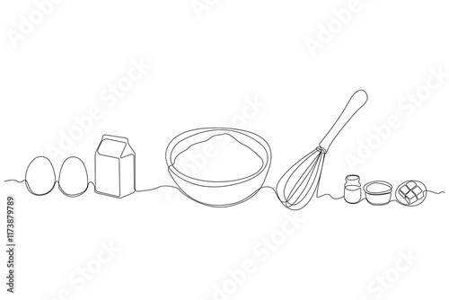 Hand-drawn cake ingredients concept line art drawing. Cooking concept line art icon.