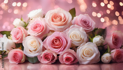 lovely pink and white roses on sparkling pink historical past